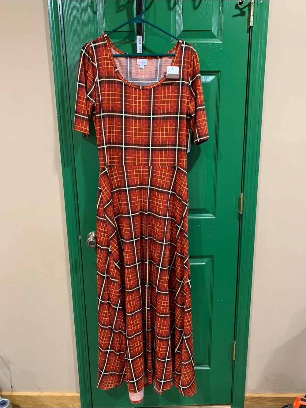 LuLaRoe Red and Orange Plaid Scoop Neck Maxi Dress